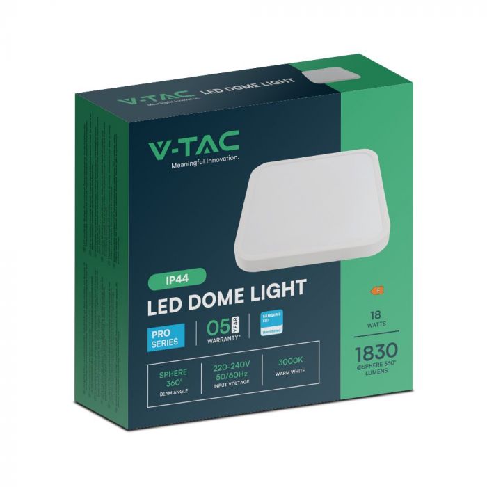 18W(1830Lm) LED-kupolarmatur, V-TAC SAMSUNG, IP44, fyrkantig, vit, neutralvit 4000K