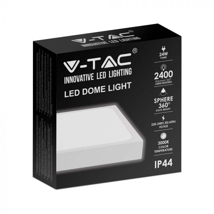 24W(2400Lm) LED kupolveida gaismeklis, V-TAC, IP44, kvadrāta, balts, auksti balta gaisma 6500K