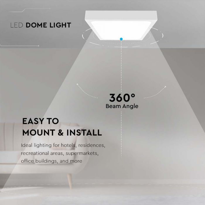 24W(2400Lm) LED kupolveida gaismeklis, V-TAC, IP44, kvadrāta, balts, auksti balta gaisma 6500K