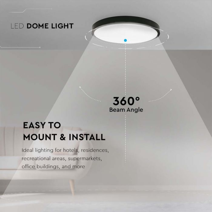 18W(1800Lm) LED dome light, V-TAC, IP44, round, black, warm white light 3000K
