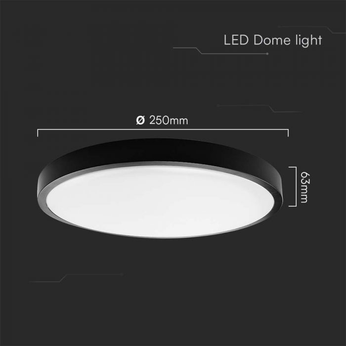 18W(1830Lm) LED Round Dome-armatur, svart, IP44, varmvitt ljus 3000K