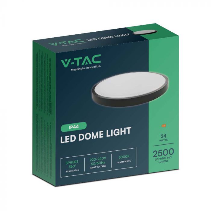 24W(2500Lm) LED-kupolarmatur, V-TAC, IP44, rund, svart, varmvitt ljus 3000K