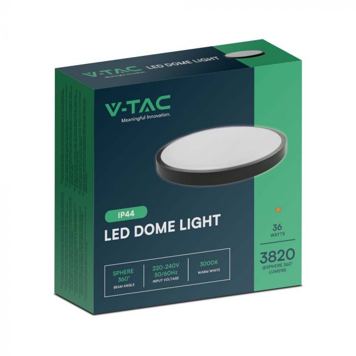 36W(3820Lm) LED-kupolarmatur, V-TAC, IP44, rund, svart, varmvitt ljus 3000K