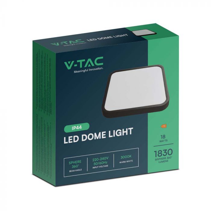 18W(1830Lm) LED kupolveida gaismeklis, V-TAC, IP44, kvadrāta, melns, silti balta gaisma 3000K