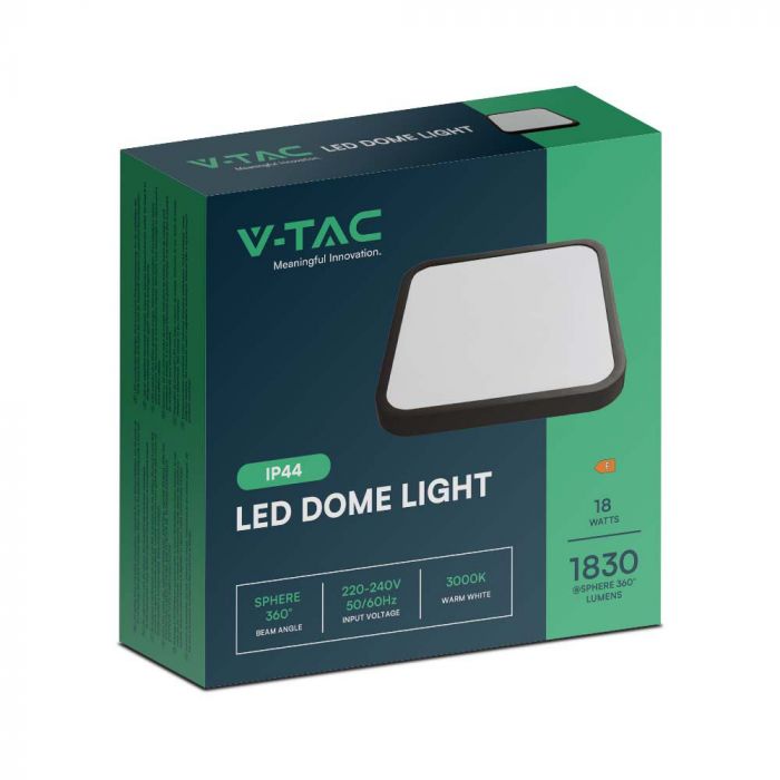 18W(1830Lm) LED dome luminaire, V-TAC, IP44, square, black, neutral white 4000K