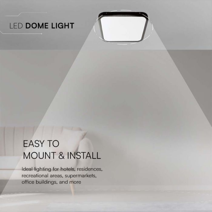 18W(1830Lm) LED-kupolarmatur, V-TAC, IP44, fyrkantig, svart, neutralvit 4000K