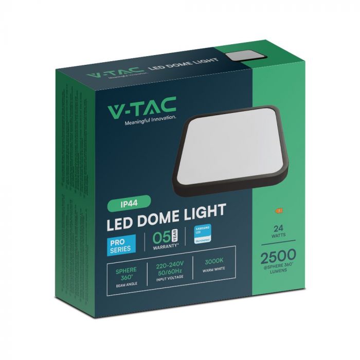 24W(2500Lm) LED kupolveida gaismeklis, V-TAC SAMSUNG, IP44, kvadrāta, melns, silti balta gaisma 3000K