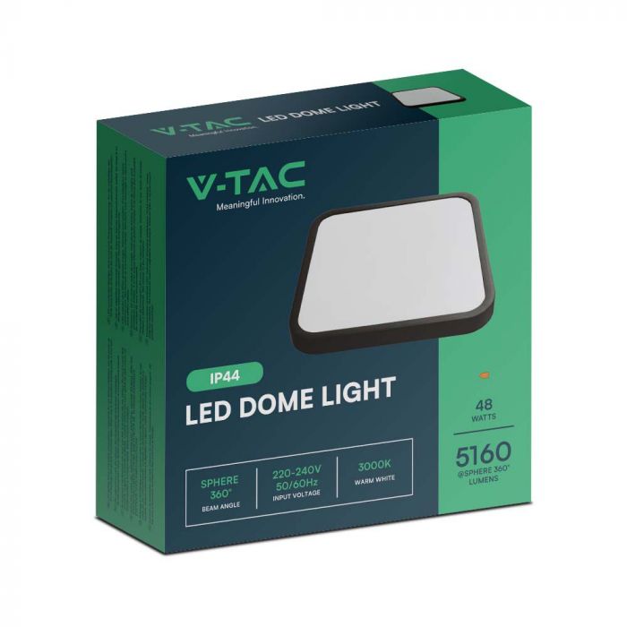 48W(5160Lm) LED dome luminaire, V-TAC, IP44, square, black, warm white light 3000K