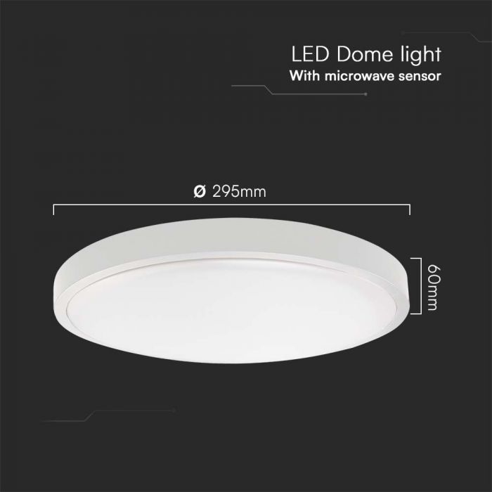 18W(1830Lm) LED kupolveida gaismeklis ar mikroviļņu sensoru, V-TAC, IP44, apaļš, balts, silti balta gaisma 3000K