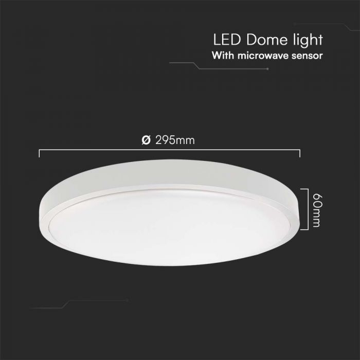 18W(1830Lm) LED dome luminaire with microwave sensor, V-TAC, IP44, round, white, neutral white 4000K
