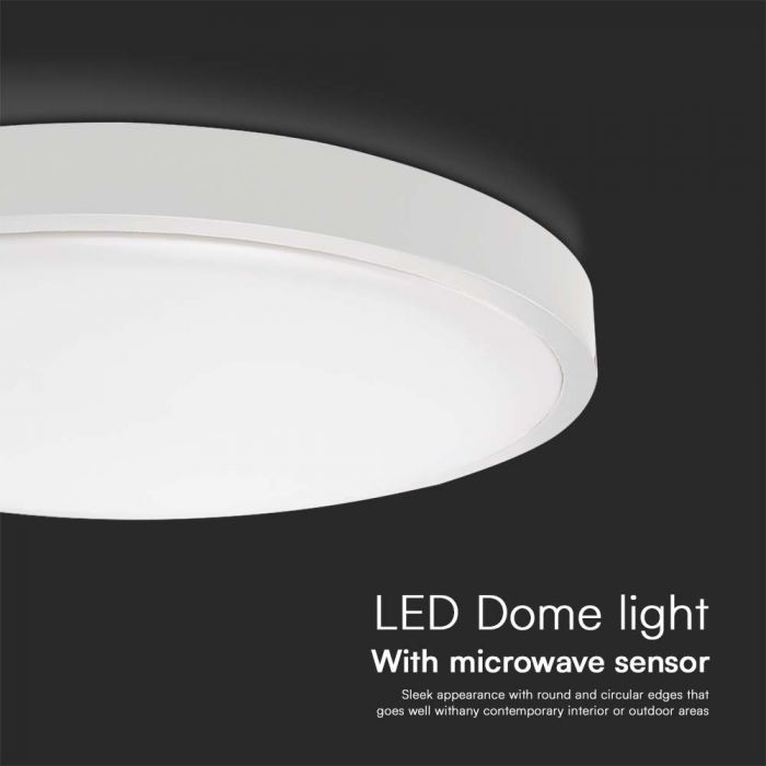 18W(1830Lm) LED kupolveida gaismeklis ar mikroviļņu sensoru, V-TAC, IP44, apaļš, balts, silti balta gaisma 3000K