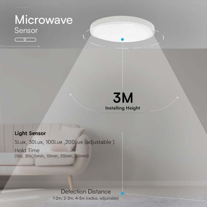 18W(1830Lm) LED kupolveida gaismeklis ar mikroviļņu sensoru, V-TAC, IP44, apaļš, balts, silti balta gaisma 3000K