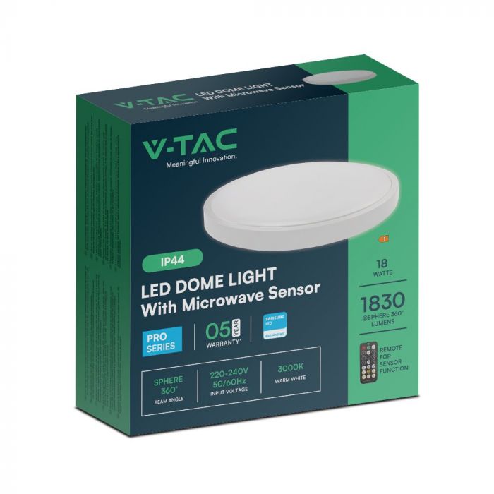 18W(1830Lm) LED dome luminaire, V-TAC SAMSUNG, IP44, round, white, with remote control, neutral white 4000K