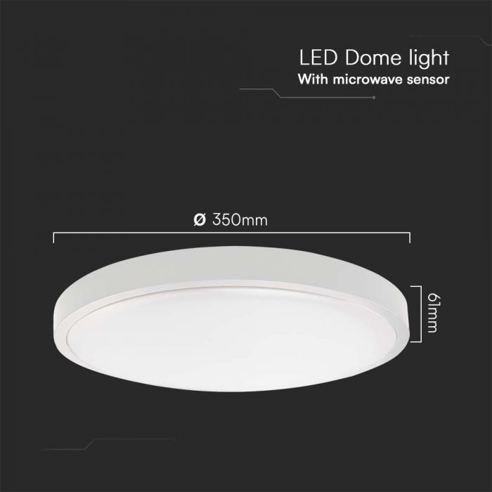 24W(2500Lm) LED kupolveida gaismeklis ar mikroviļņu sensoru, V-TAC, IP44, apaļš, balts, auksti balta gaisma 6500K