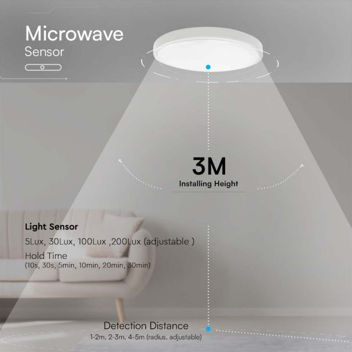24W(2500Lm) LED kupolveida gaismeklis ar mikroviļņu sensoru, V-TAC, IP44, apaļš, balts, auksti balta gaisma 6500K