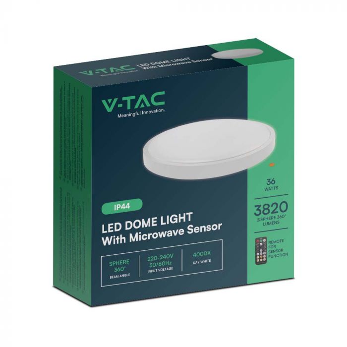 36W(3820Lm) LED kupolveida gaismeklis ar mikroviļņu sensoru, V-TAC, IP44, apaļš, balts, neitrāli balta gaisma 4000K