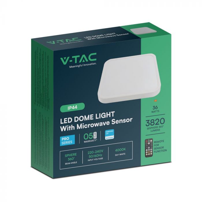 Купольный светодиодный светильник 36W(3820Lm) с дистанционным управлением, V-TAC SAMSUNG, IP44, квадратный, белый, нейтральный белый 4000K