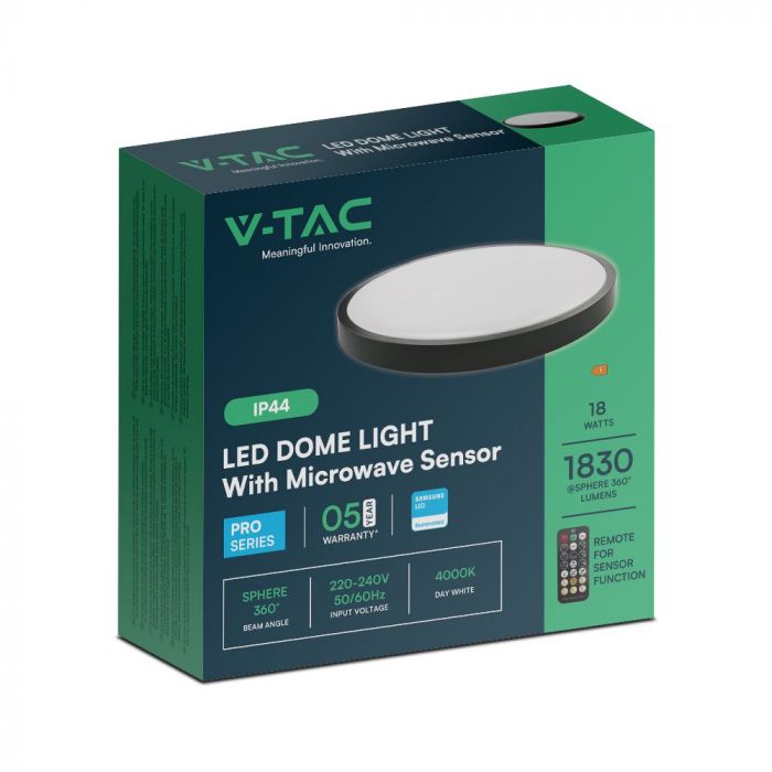 18W(1830Lm) LED-kupolarmatur med fjärrkontroll, V-TAC SAMSUNG, IP44, rund, svart, neutralvit 4000K