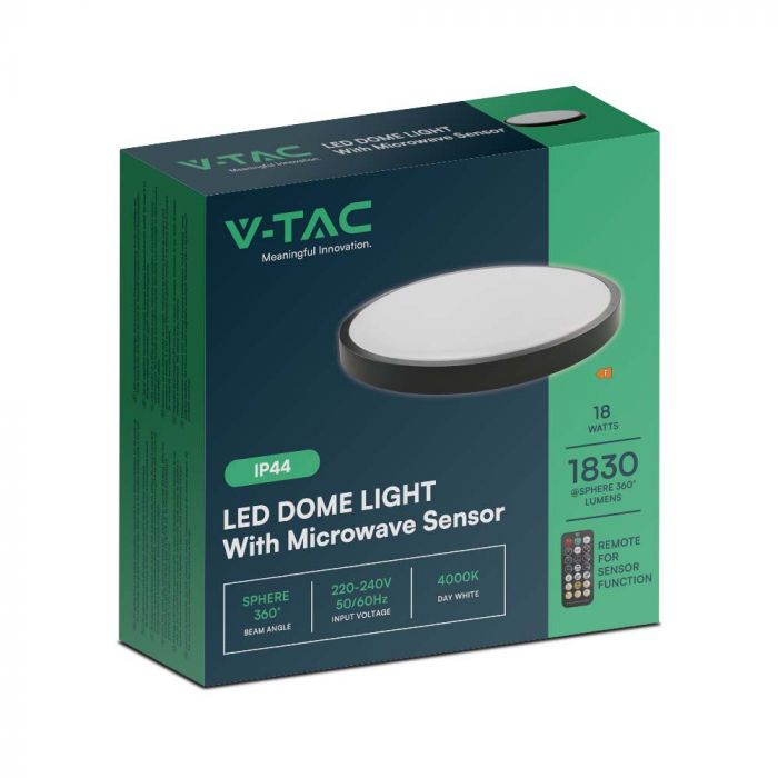 18W(1830Lm) LED plafons ar mikroviļņu sensoru, V-TAC, IP44, apaļš, melns, neitrāli balta gaisma 4000K