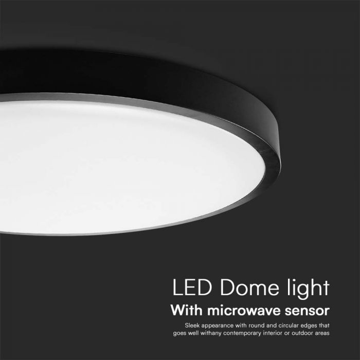 18W(1830Lm) LED plafons ar mikroviļņu sensoru, V-TAC, IP44, apaļš, melns, neitrāli balta gaisma 4000K