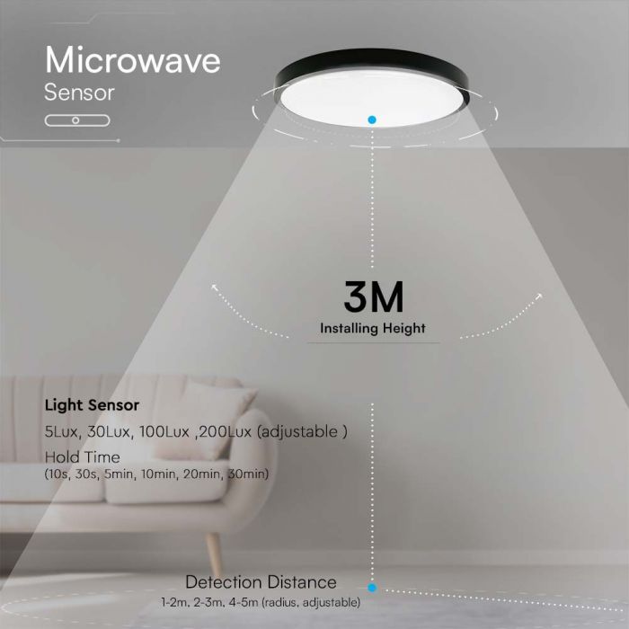 36W(3820Lm) LED plafons ar mikroviļņu sensoru, V-TAC, IP44, apaļš, melns, neitrāli balta gaisma 4000K