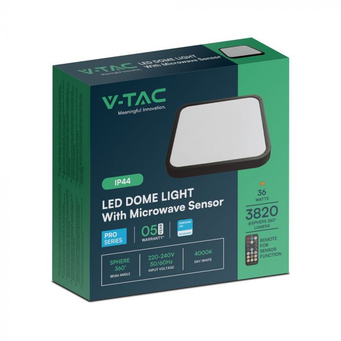 36W(3820Lm) LED kupolveida gaismeklis, V-TAC SAMSUNG, IP44, kvadrāta, melns, neitrāli balta gaisma 4000K