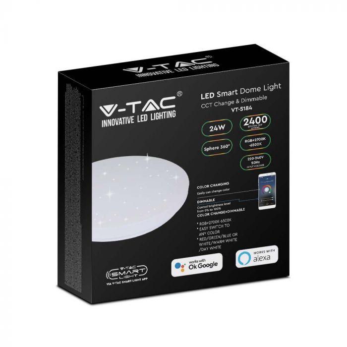 36W LED Gaismeklis 3600lm, saderīgs ar AMAZON ALEKSA&GOOGLE HOME: RGB+WW+CW+STARRY COVER, V-TAC