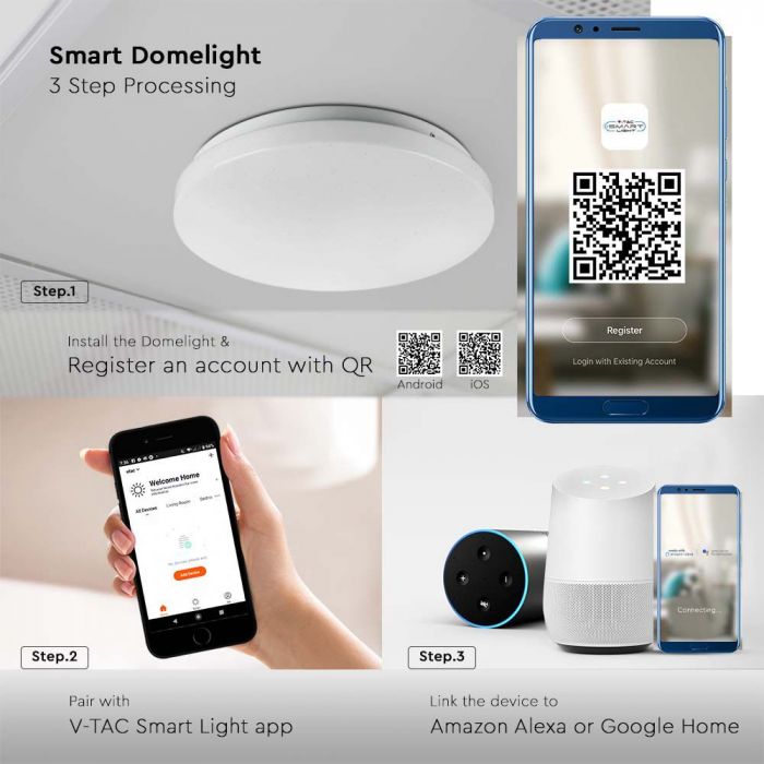 36W LED Gaismeklis 3600lm, saderīgs ar AMAZON ALEKSA&GOOGLE HOME: RGB+WW+CW+STARRY COVER, V-TAC