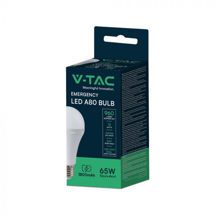 E27 15W(1200Lm) LED-lampa med batteri (3 h), A80, V-TAC, IP20, neutralvitt ljus 4000K