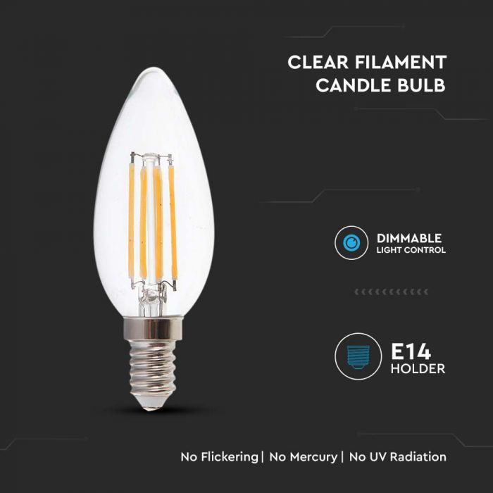 E14 5,5W (600Lm) LED-lampa Filament, IP20, V-TAC, neutralvitt ljus 4000K
