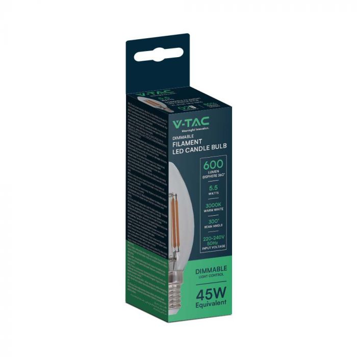 E14 5,5W (600Lm) LED-lampa Filament, IP20, V-TAC, neutralvitt ljus 4000K
