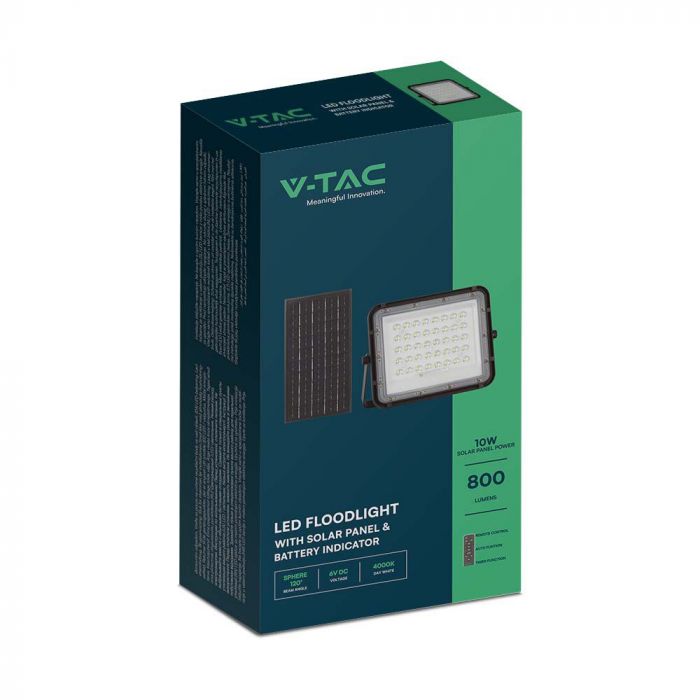 10W(800Lm) LED SMART floodlight with solar battery 6000 mAh and remote control, IP65, V-TAC, cold white light 6400K