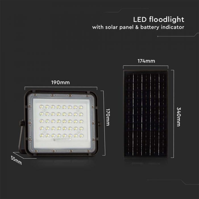 10W(800Lm) LED SMART floodlight with 6000 mAh solar battery and remote control, IP65, V-TAC, 4000K neutral white light