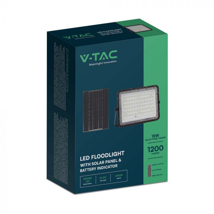15W (1200Lm) LED SMART valgusfoor 12000 mAh päikeseakuga ja kaugjuhtimispuldiga, IP65, V-TAC, 6400K külmvalge valgus