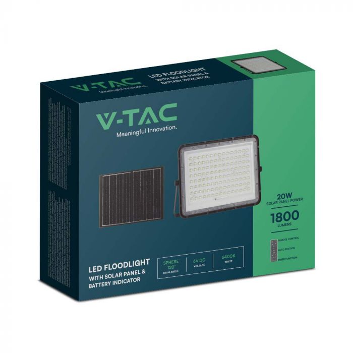 20W(1800Lm) LED SMART floodlight with 16000 mAh solar battery and remote control, IP65, V-TAC, 6400K cold white light