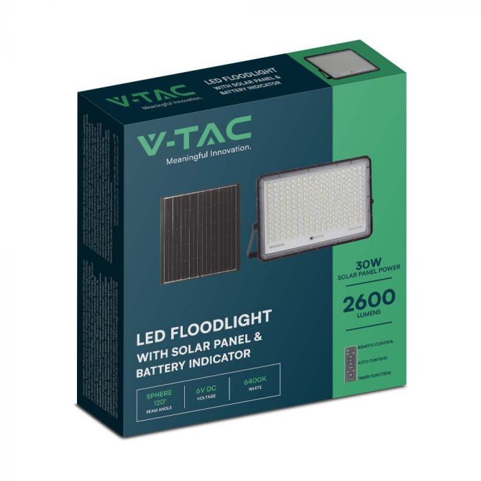 30W(2600Lm) LED SMART floodlight with 20000 mAh solar battery and remote control, IP65, V-TAC, 6400K cold white light
