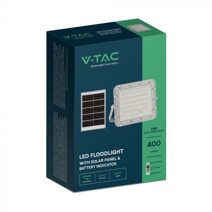 6W(400Lm) LED SMART floodlight with 5000 mAh solar battery and remote control, IP65, V-TAC, neutral white light 4000K