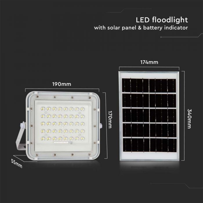 10W(800Lm) LED SMART floodlight with 6000 mAh solar battery and remote control, IP65, V-TAC, 6400K cold white light