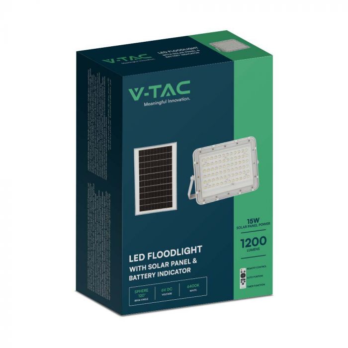 15W (1200Lm) LED SMART-strålkastare med 12000 mAh solcellsbatteri och fjärrkontroll, IP65, V-TAC, vitt, kallvitt ljus 6400K