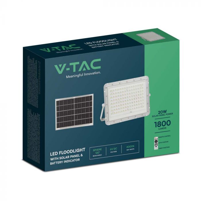 Прожектор 20W(1800Lm) LED SMART с солнечной батареей 16000 mAh и пультом дистанционного управления, IP65, V-TAC, белый, холодный белый свет 6400K