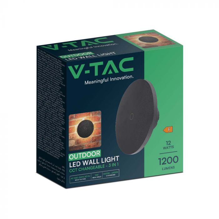 12W(1200Lm) LED sienas gaismeklis, IP65, V-TAC, apaļš, melns, dimmējams, 3IN1