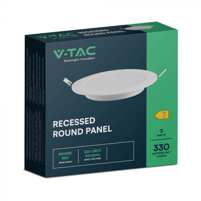 3W(330Lm) LED panel, IP20, recessed, round, white, Ø90.5x28mm, recessed Ø68mm, warm white light 3000K