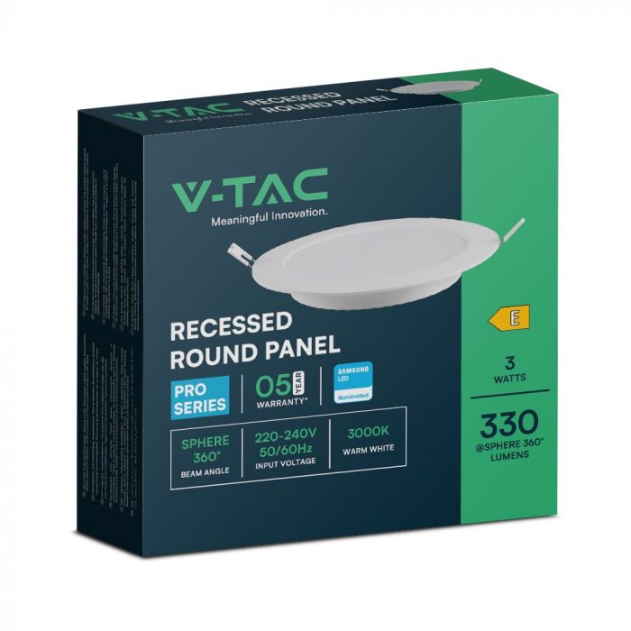 Светодиодная панель 3Вт(330Лм), V-TAC SAMSUNG, IP20, встраиваемая, круглая, белая, Ø90.5x28мм, встраиваемая Ø68мм, холодный белый свет 6500K