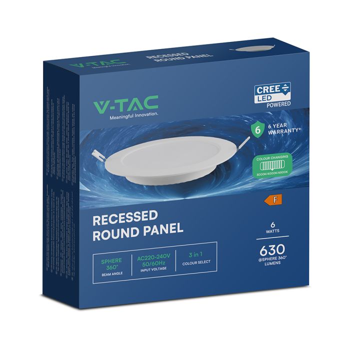 6W(630Lm) LED MINI panelis, iebūvējams, balts, apaļš, Ø120.5x28,4mm, iebūv. izm Ø92mm, V-TAC, IP20, 3IN1