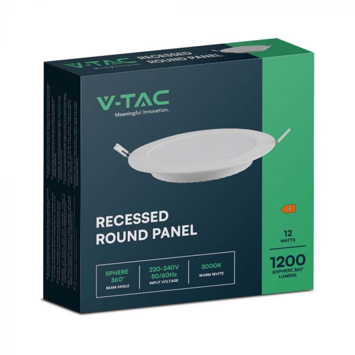 12W(1200Lm) LED panelis, IP20, V-TAC, iebūvējams, apaļš, balts, Ø170x28,4mm, iebūv. izm Ø130mm, silti balta gaisma 3000K