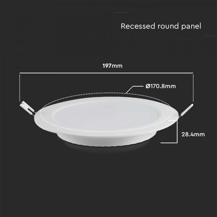 12W(1200Lm) LED panelis, IP20, V-TAC, iebūvējams, apaļš, balts, Ø170x28,4mm, iebūv. izm Ø130mm, silti balta gaisma 3000K
