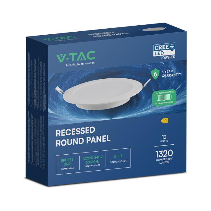 12W (1320 lm) LED MINI panel, recessed, white, round, Ø170 x 28.4 mm, recessed cutout Ø130 mm, V-TAC, IP20, 3-in-1