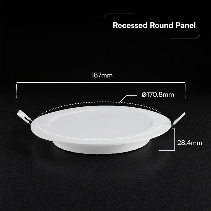 12W (1320 lm) LED MINI panel, recessed, white, round, Ø170 x 28.4 mm, recessed cutout Ø130 mm, V-TAC, IP20, 3-in-1