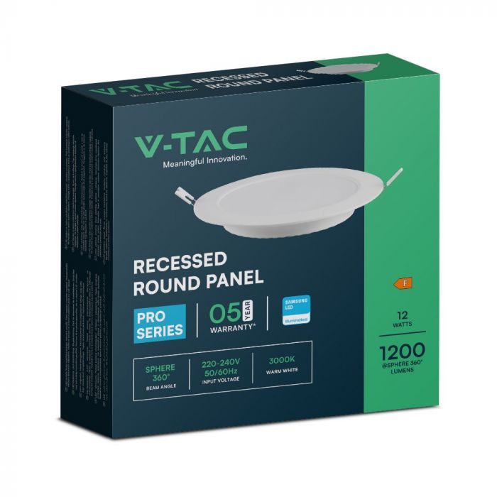 12W(1200Lm) LED-paneel, IP20, V-TAC, süvistatav, ümmargune, valge, Ø170x28,4mm, süvistatav. Ø130mm, neutraalne valge valgus 4000K