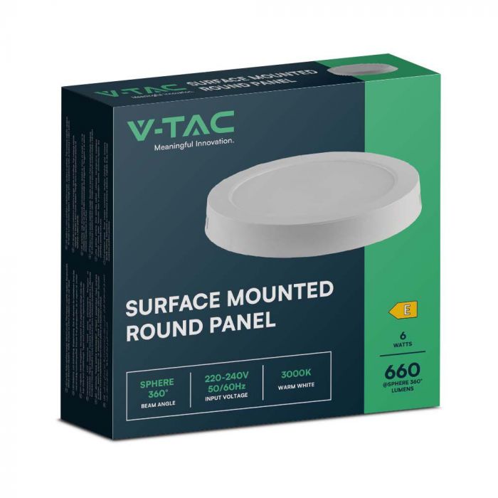 6W(660Lm) LED panelis virsapmetuma apaļš, IP20, V-TAC, balts, silti balta gaisma 3000K